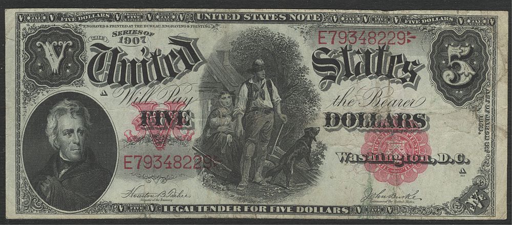 Fr.88, 1907 $5 Legal Tender Note, Teehee-Burke, VF [20], E79348229